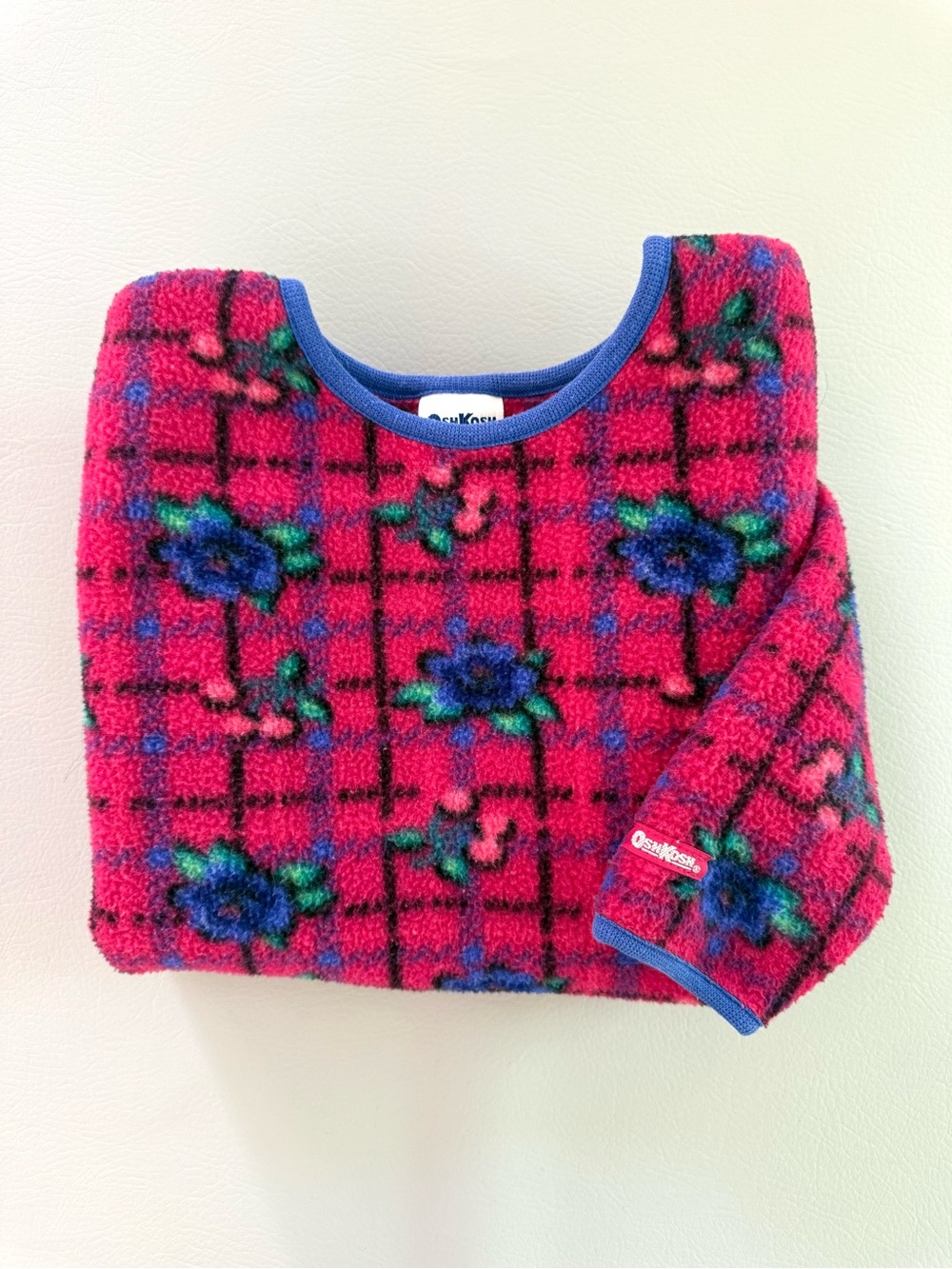 Vintage 80s 90s Oshkosh Fleece Floral Sweater Pink Blue - Girls Sz 5 Made in USA